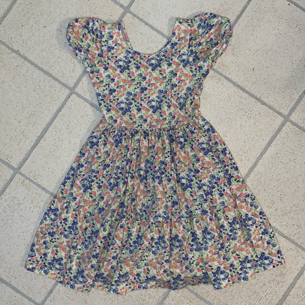 Janie and Jack Pink Blue Floral Cotton Dress With Short Cap Sleeves Size 7